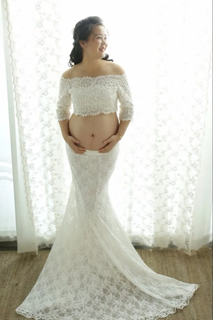 Модное серое платье для беременных Сетчатое газовое фотосессии длинное летняя