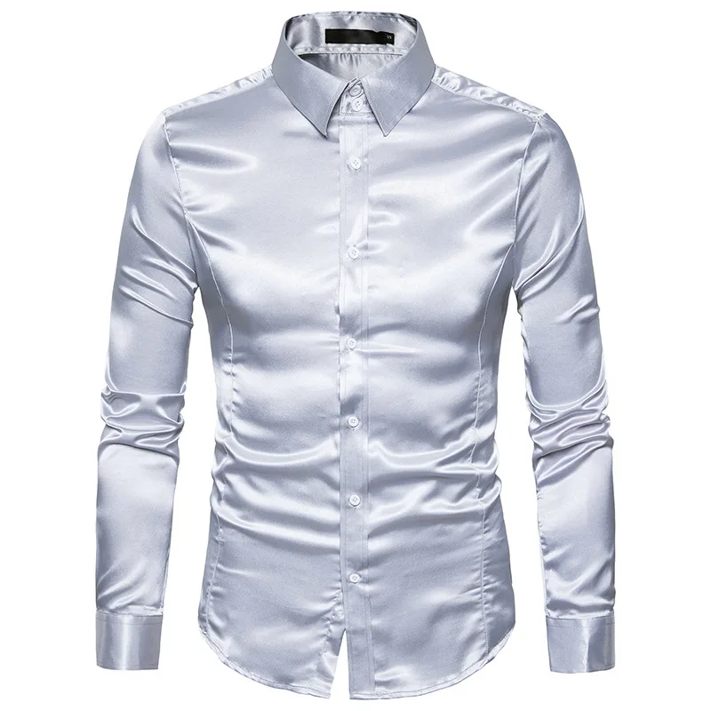 Новая золотая шелковая атласная рубашка для мужчин Chemise Homme 2018 модная мужская