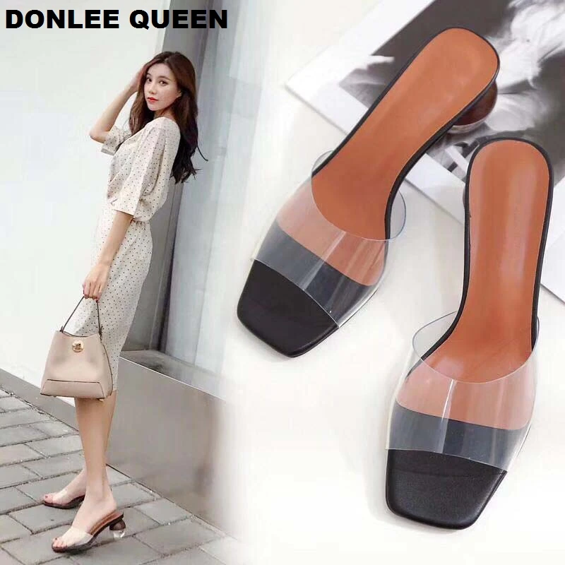 2019 г. летние прозрачные шлепанцы на каблуке с кристаллами женская прозрачная