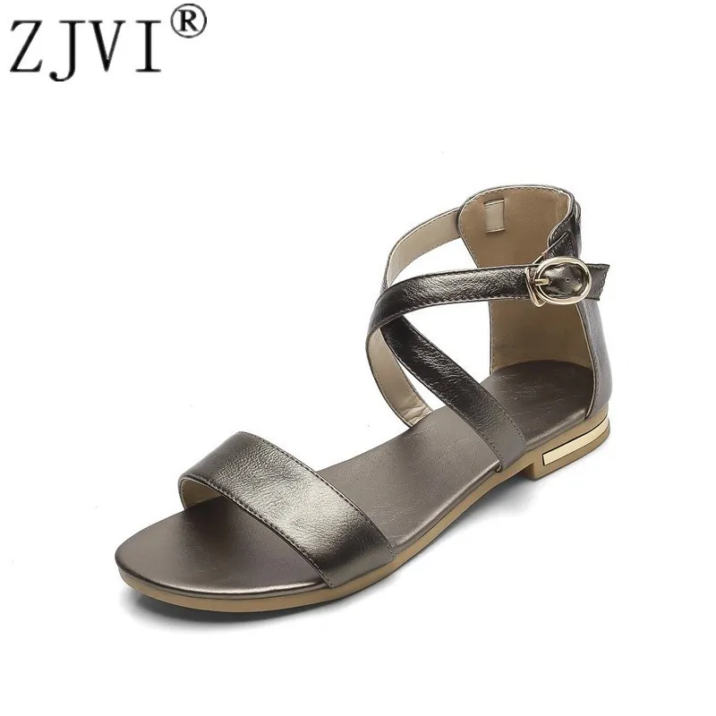 

ZJVI Women 2021 Hot Summer Cow Leather Flat Sandals Womens Fashion Ladies Ankle Warp Sandal Woman Sexy Casual Flats Party Shoes