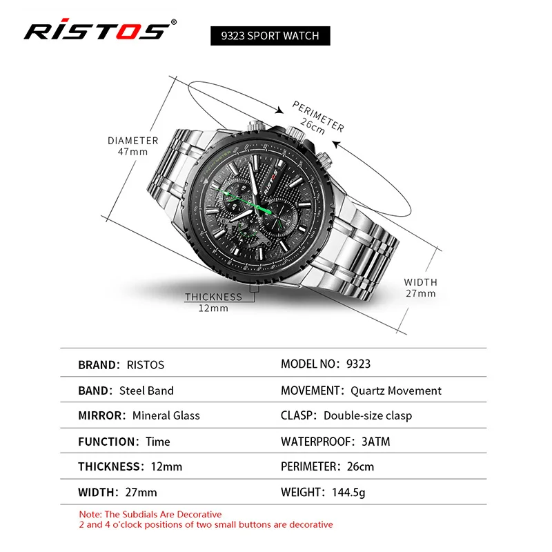 Ristos 2018 военные мужские кварцевые деловые часы из нержавеющей стали Reloj Hombre