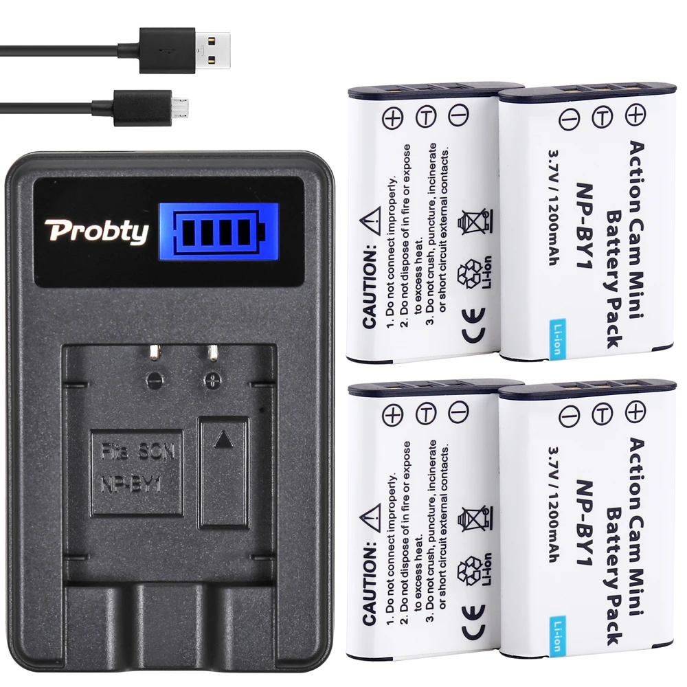 

4Pcs Probty NP-BY1 NP BY1 NPBY1 Battery + USB LCD Charger For Sony HDR-AZ1VR AZ1 AZ1V AZ1VR Sport Action Cam Mini Camcorder