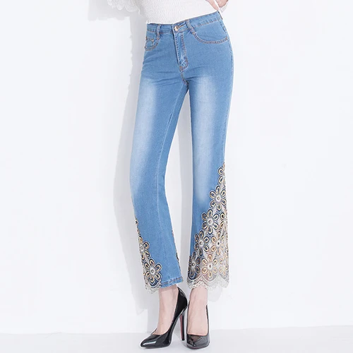 Light Blue FERZIGE бренд красивые расклешенные брюки с вышивкой Женские уличные обтягивающие джинсы с высокой талией женские брюки размера плюс синие черные брюки - Цвет: Light Blue