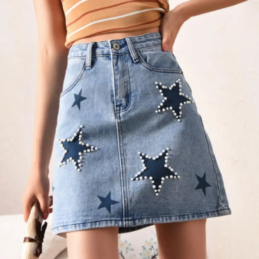 Модная мини-юбка размера плюс 2XL с принтом в виде звезд и бусин женская синяя