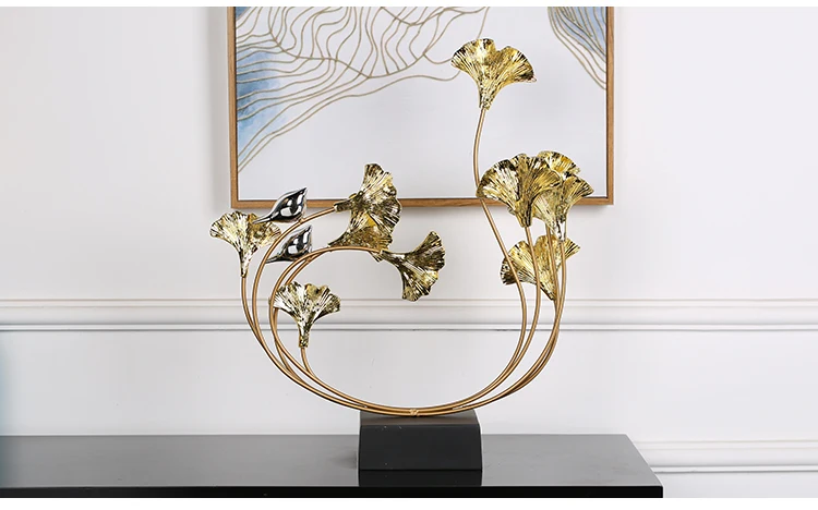 Luxury Gold Resin Ginkgo Leaf Metal Plant Figurines Home Furnishing Decoration Crafts Hotel Livingrroom Fengshui Desk Ornaments