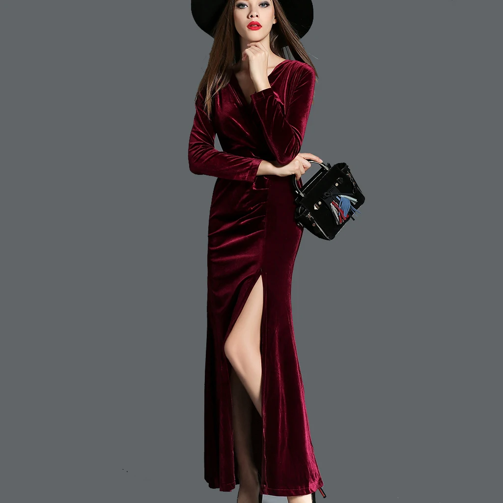 

Women Winter Dress Green Velvet Dresses Deep V Neck Velvet Long Dress Sexy Lady High Slit Party Dresses Bodycon Vestidos
