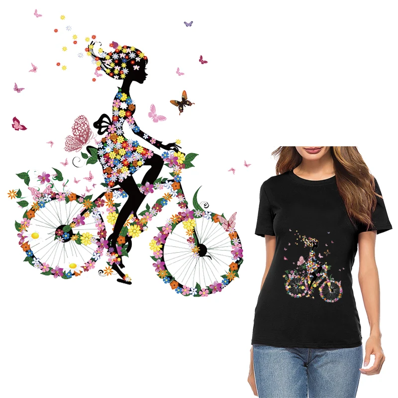 Джинсы для пирографии велосипед цветочница напечатанные железные нашивки