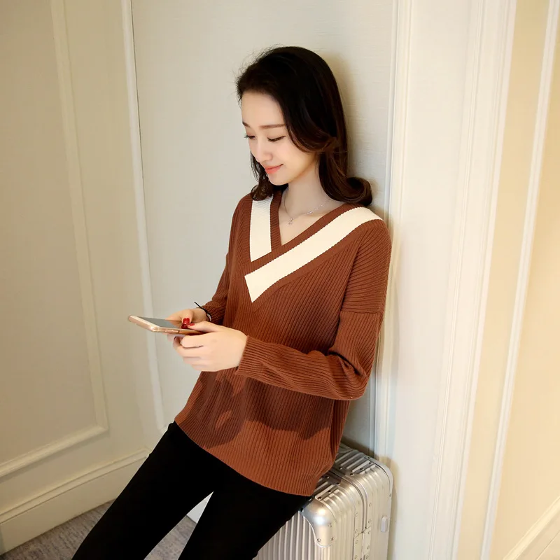 Feierhaosi Elegant Loose Fashion Women Sweaters Full Sleeve V-Neck Knitted Bodycon Casual Vestidos Basic Sweater | Женская одежда