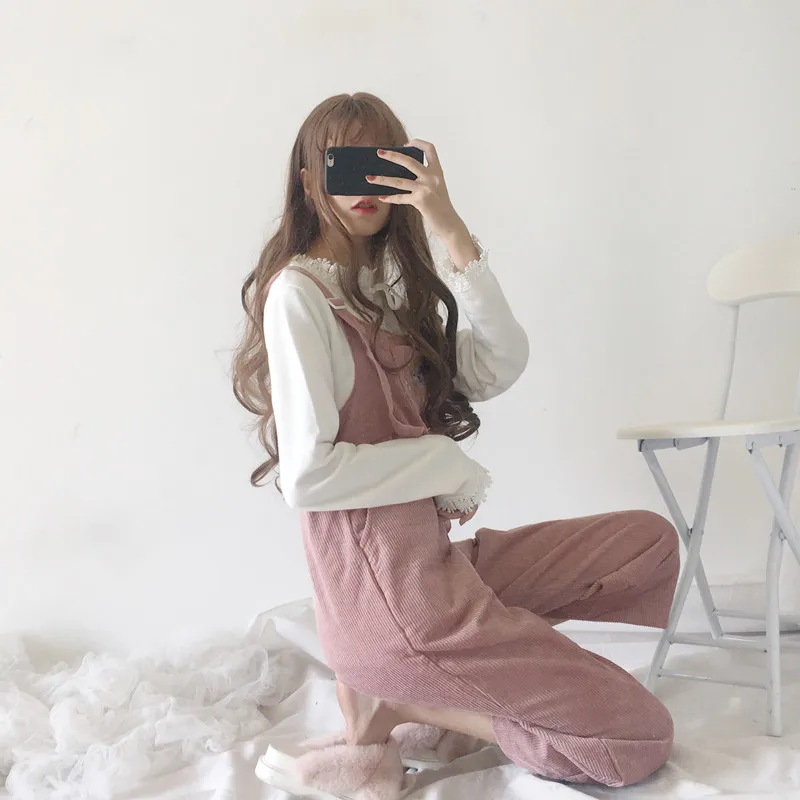 Япония Стиль мягкой сестра Kawaii в стиле «лолита» с широкими штанинами; Длина Повседневное Свободные Мультфильм вельветовое платье с вышивкой на подтяжках комбинезон