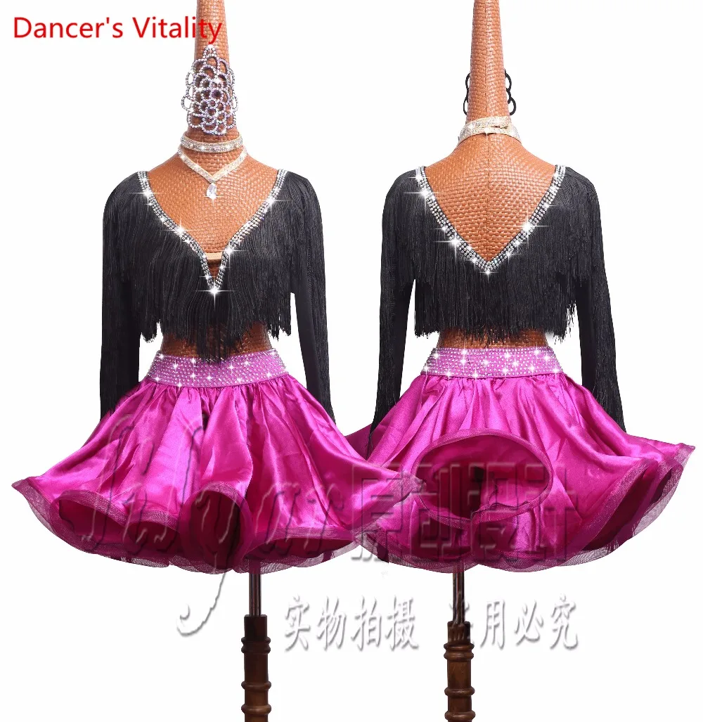 

Deluxe Women Girls Latin Dance Performance Costumes Competition Clothing Lady's Child Kids Tassel tops+Fishbone Skirt 2PCS Set