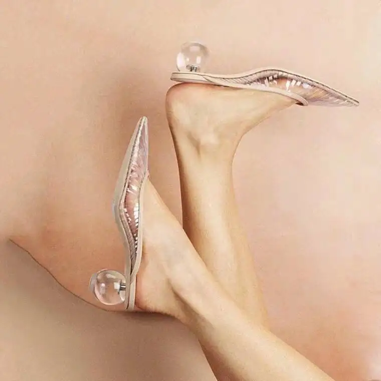 Женские прозрачные шлепанцы летние туфли на каблуке с заостренным носком и