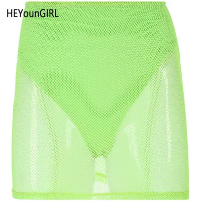 HEYounGIRL Лето ярко-зеленая, сетчатая юбка в стиле Харадзюку и открытыми плечами облегающее сексуальное мини-юбки женские Высокая Талия Обёрточная бумага короткая юбка женское на вечеринку в клуб - Цвет: Green Skirt