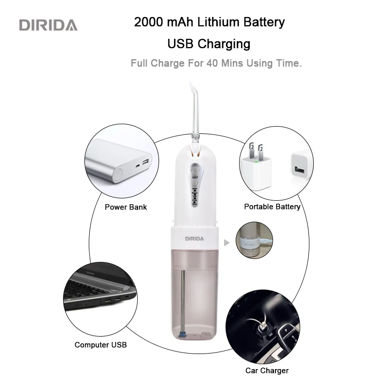 DIRIDA D1001 беспроводной водный Флоссер портативный складной электрический ирригатор для полости рта 200 мл с 5 струйными наконечниками USB подзарядка очиститель зубов