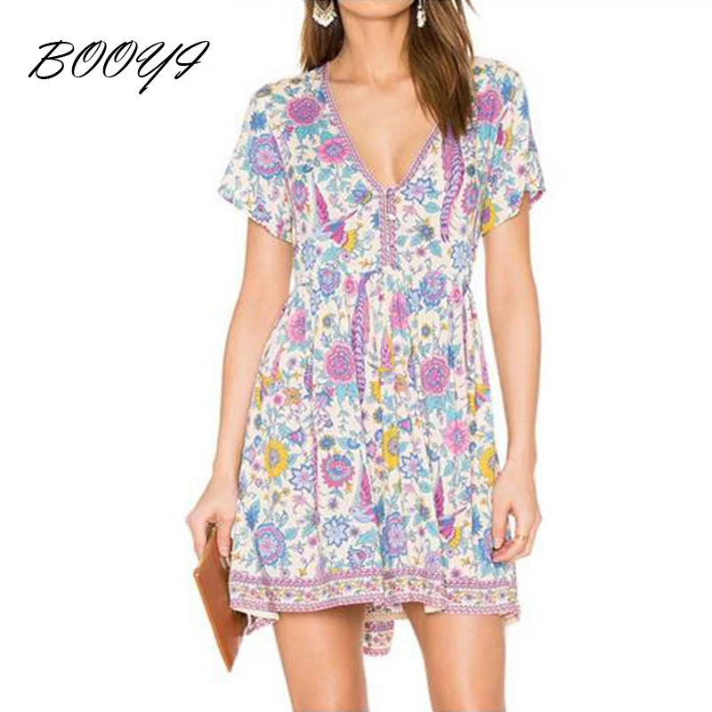 [Распродажа] летние платья Цветочный Неразлучники печати v образным вырезом Мини