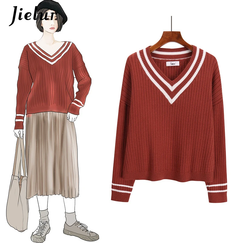Jielur Crop Top Sweater Striped V-neck Korean Classic College Student Female Loose Sweaters Fashion 2019 Women Knitwear | Женская одежда