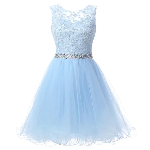 Sky Blue Сексуальные розовые прозрачные короткие платья для выпускного вечера, Кристальные кружевные трапециевидные вечерние платья, новые реальные фотографии, Rode De Soiree SLD361 - Цвет: Sky Blue
