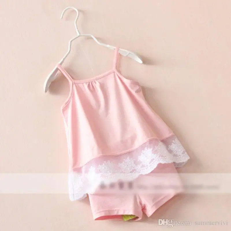 Fashion Europe and America style children outfits Suits grils sleeveless camisole lace tops+Pure color shorts 2pcs sets kids clo |
