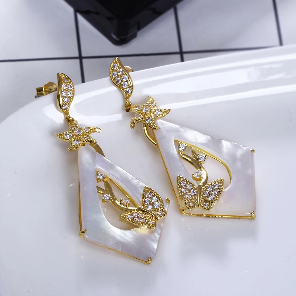 Серьги с натуральными камнями в виде ракушек Большой кубический цирконий лучший