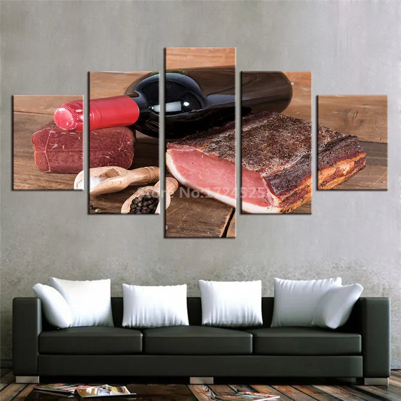 CLSTROSE HD Prints Pictures Home Decor Room 5 Pieces Red Wine And Meat Paintings Kitchen Wall Art For Living | Дом и сад