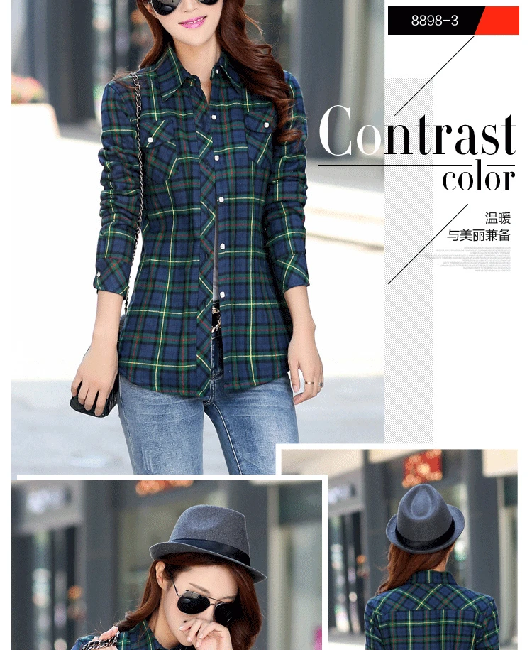 LuckBN утолщенная теплая клетчатая блузка, рубашки из чистого хлопка, женские блузки, топы, клетчатая зимняя рубашка с длинным рукавом, тонкий женский топ