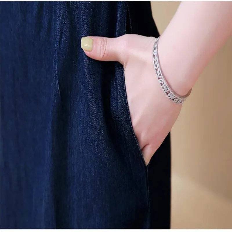 

New Summer Style Women Dresses Plus Size Fashion V-Neck Solid Over Hips Embroidery Jeans Dress For Women Larger Denim One-Piece