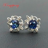 18 k white gold with 100 natural sapphire studs earrings blue green color of fire fine jewelry contracted