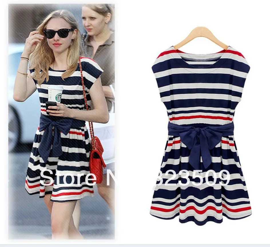 Free shipping new cotton navy wind stripe dress casual primer woman fashion 62-13018 | Женская одежда