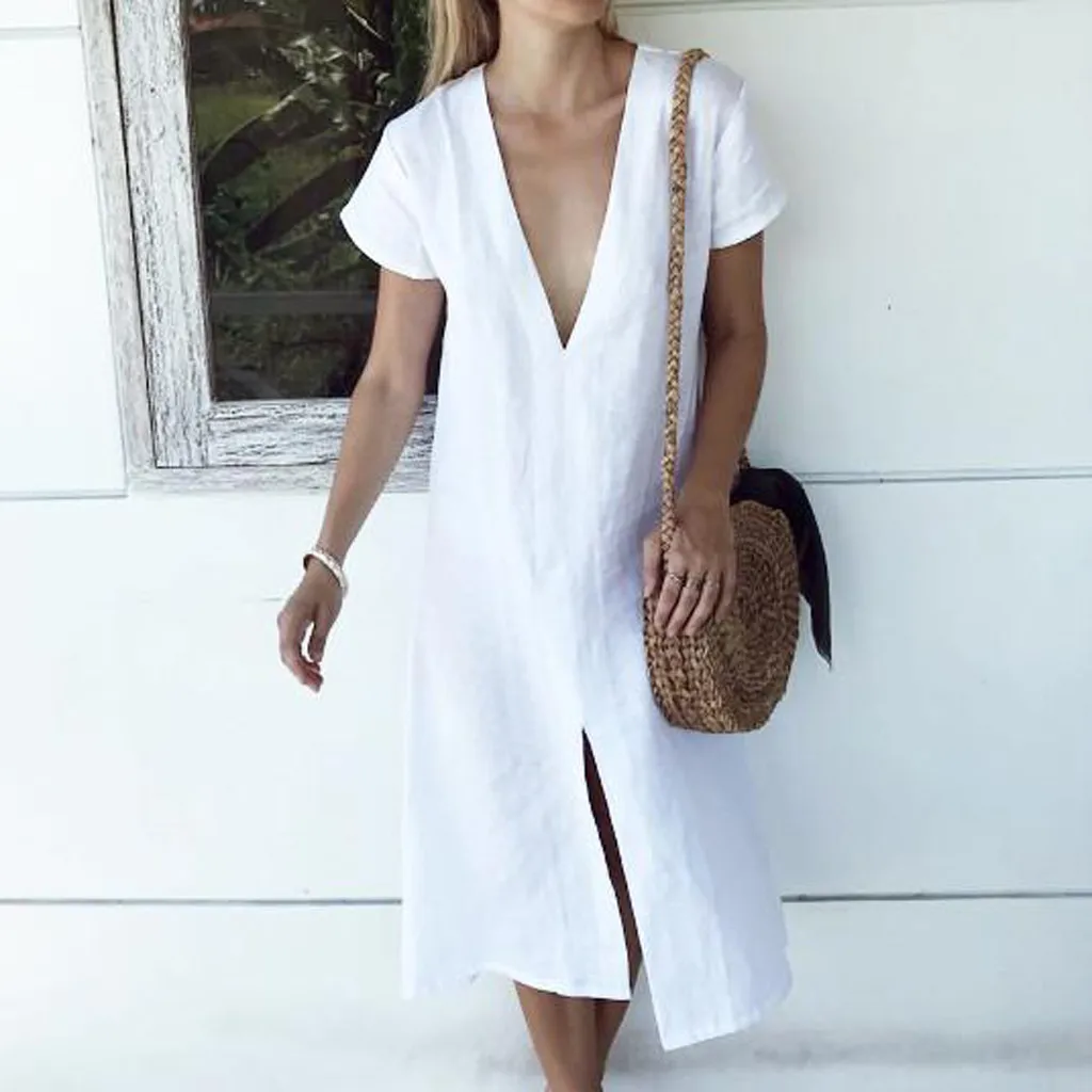 Женское винтажное льняное платье повседневное свободное миди размера плюс с