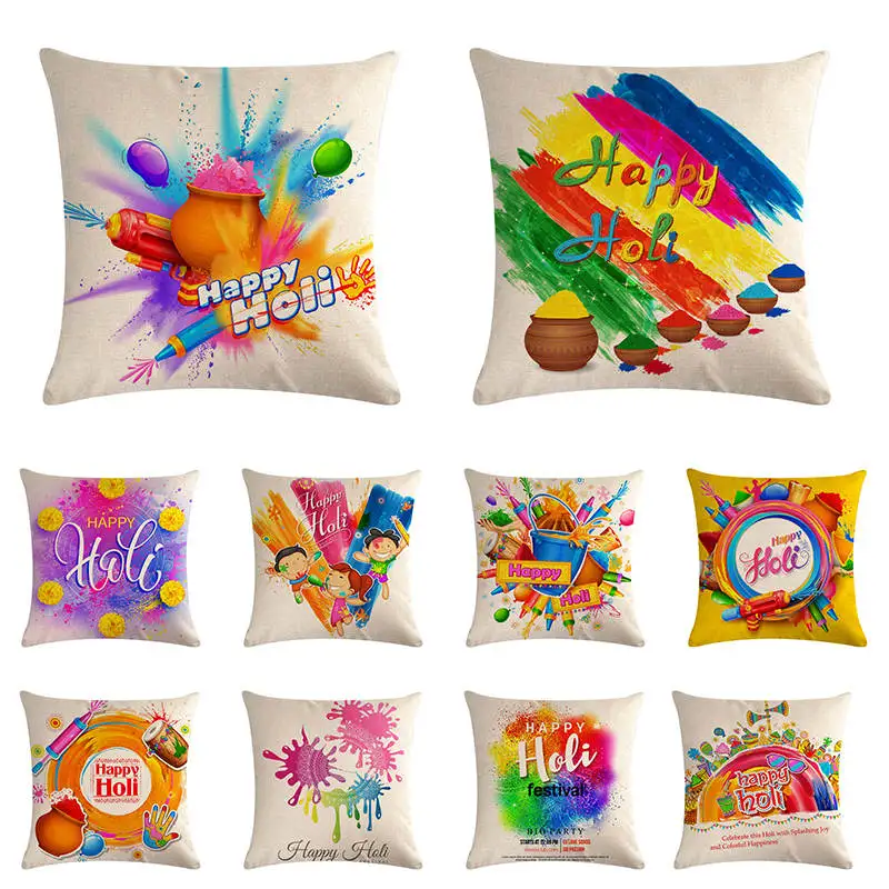 

Happy Holi Festival of Color Cushion Covers Indian Linen Cotton Pillow Cases 45X45cm Pillow Cushion Covers ZY995