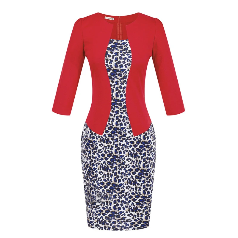 LeopardRed Европейские платья, новое клетчатое платье с рукавами, поддельная деловая одежда, посылка, платье-карандаш, платье с поясом, vestidos LH708 - Цвет: LeopardRed
