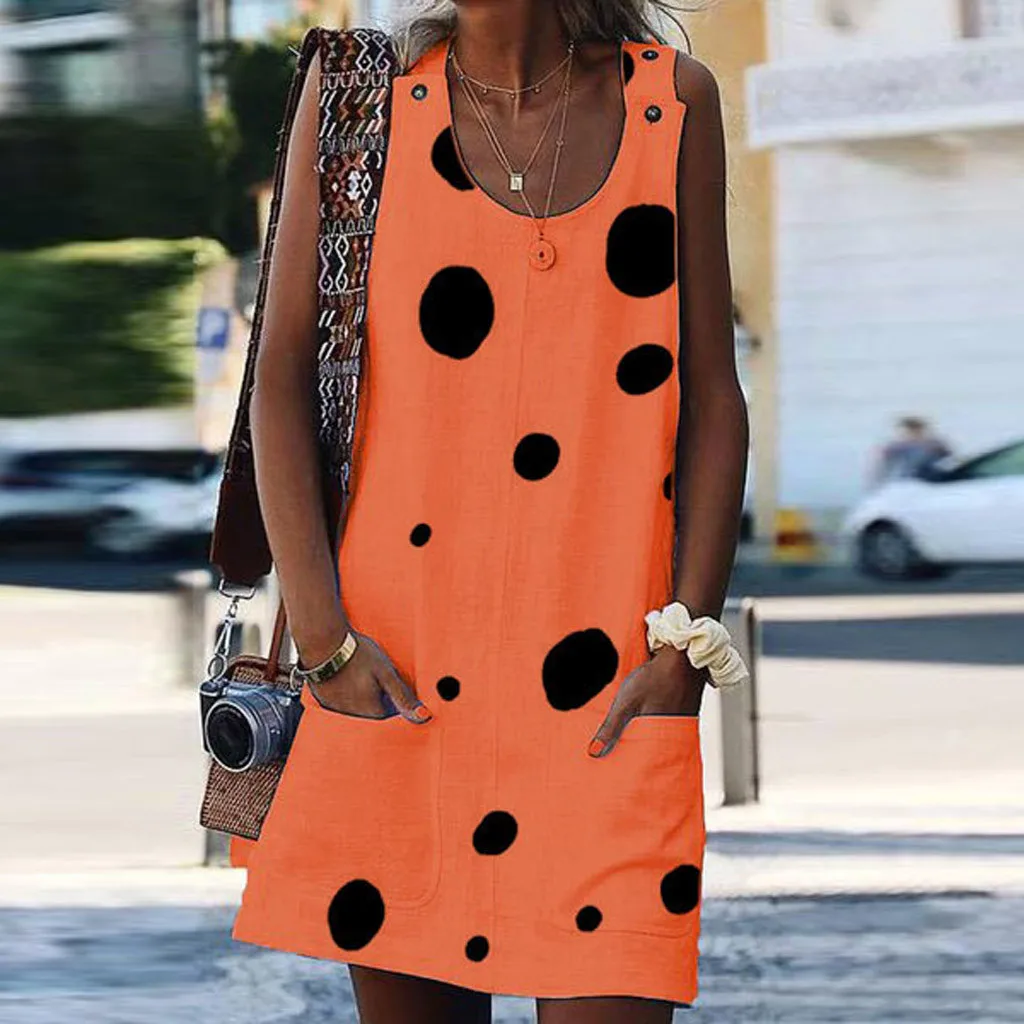Женские летние платья без рукавов с круглым вырезом в горошек повседневные