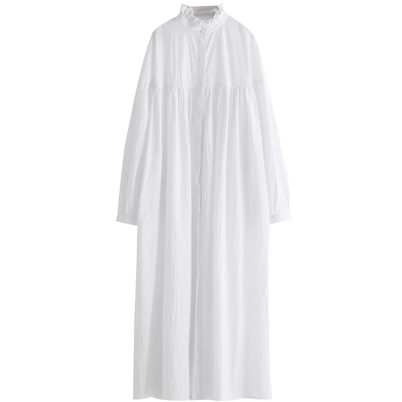 [EAM] New Autumn Winter Stand Collar Long Sleeve White Ruffles Stitch pleated Loose Long Shirt Dress Women Fashion JK988 - Цвет: white