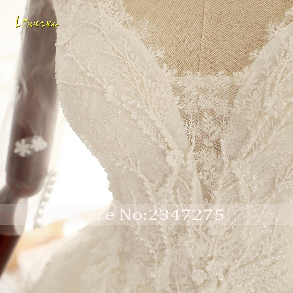 

Loverxu Vestido De Noiva Sexy Lace Ball Gown Wedding Dresses 2019 V Neck Three Quarter Appliques Beaded Chapel Train Bridal Gown