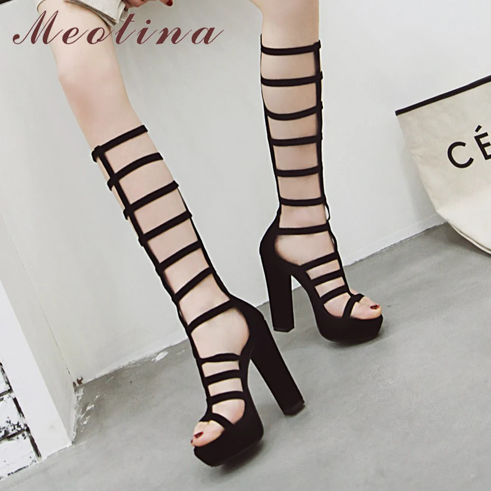 Meotina Women Shoes Summer Gladiator Sandals Sexy Platform Chunky High Heel Party Zipper Cutout Long Boots Lady Size 33-43 | Обувь