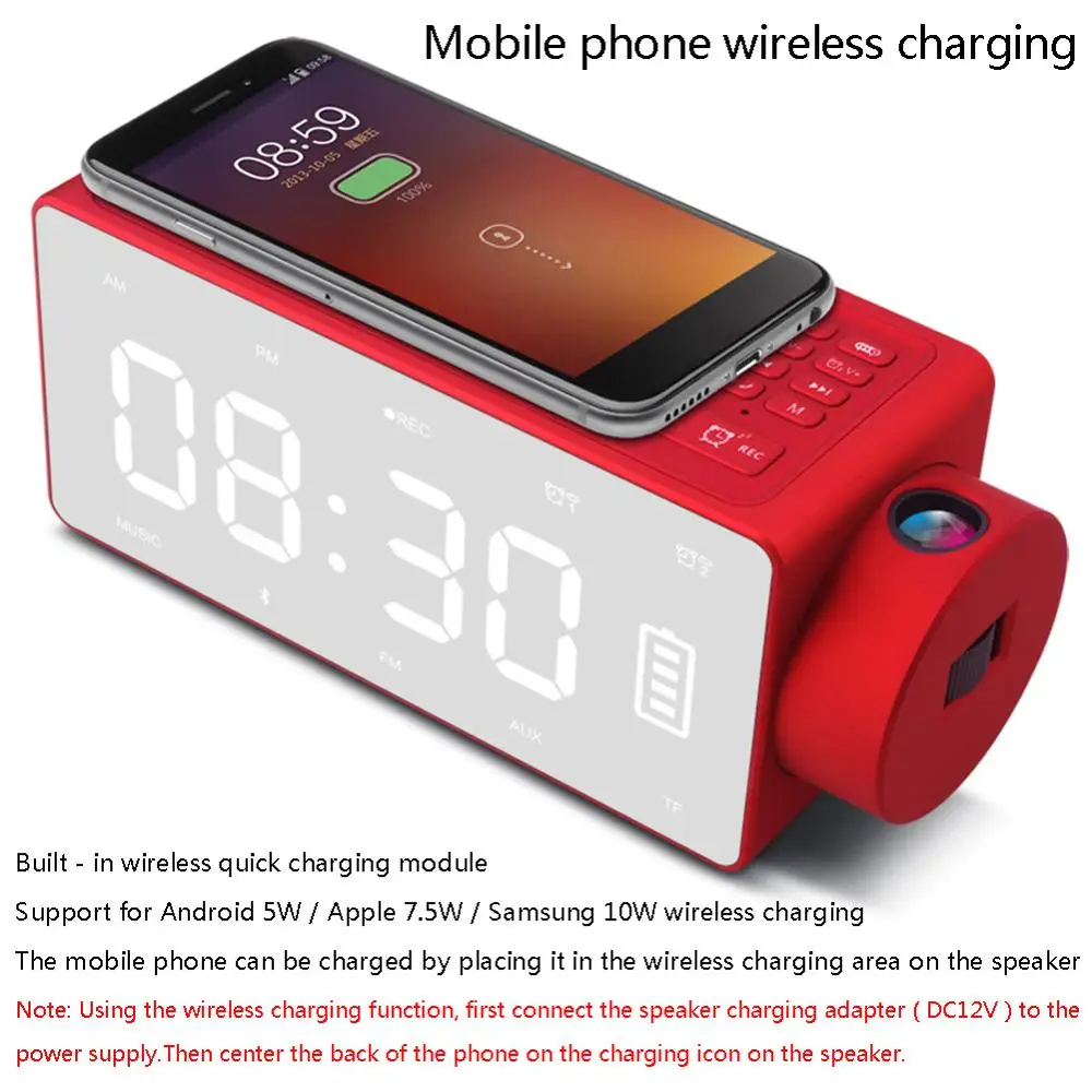 Charging Projection Digital Clock Wireless Bluetooth Speaker LED Large Screen Alarm Snooze FM DIY Music Clocks US Plug | Электроника