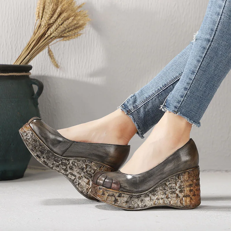 Женские туфли на танкетке VALLU винтажные из натуральной кожи с круглым носком