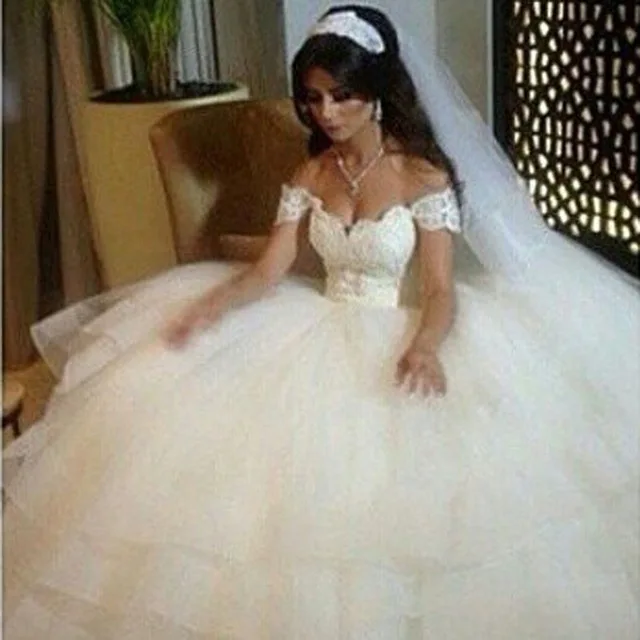 С Плеча Милая Кружева Corest Короткие Пышные Рукава Tiers Органзы Свадебные Платья|bridal