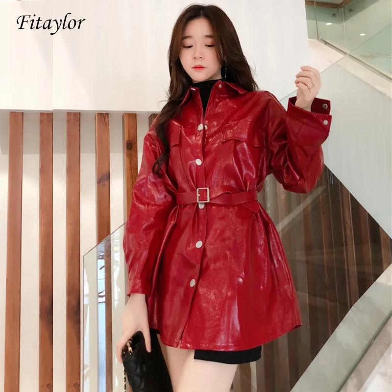 Fitaylor 2019 Новая Женская Ретро лацкане с длинным рукавом кожаное пальто весна осень