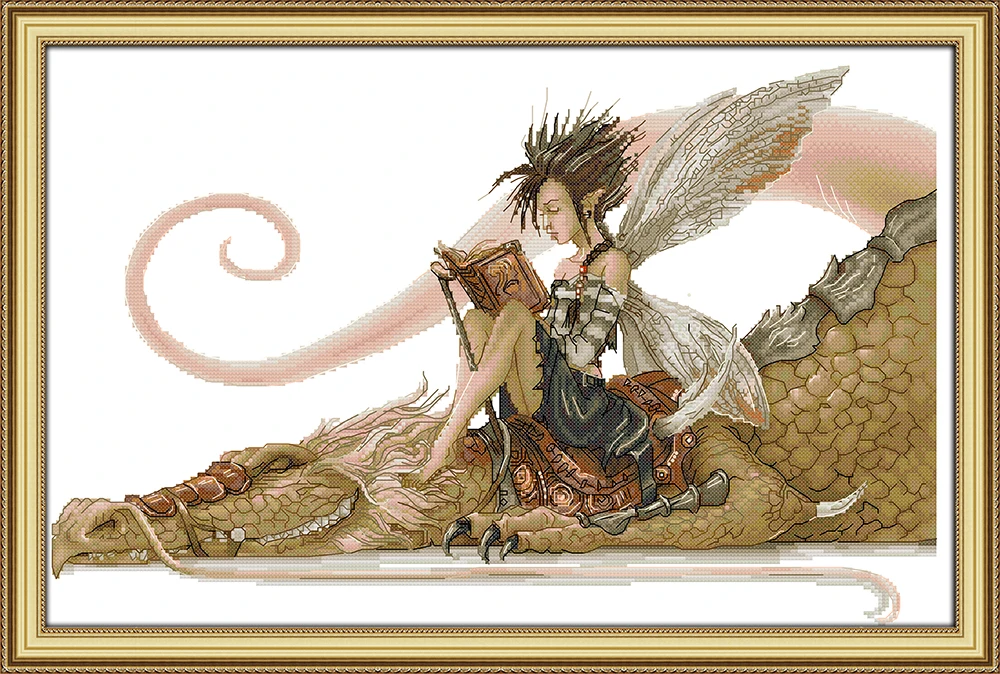 

The girl sat on the dragon reading a book cross stitch kit aida 14ct 11ct count print canvas stitches embroidery DIY handmade