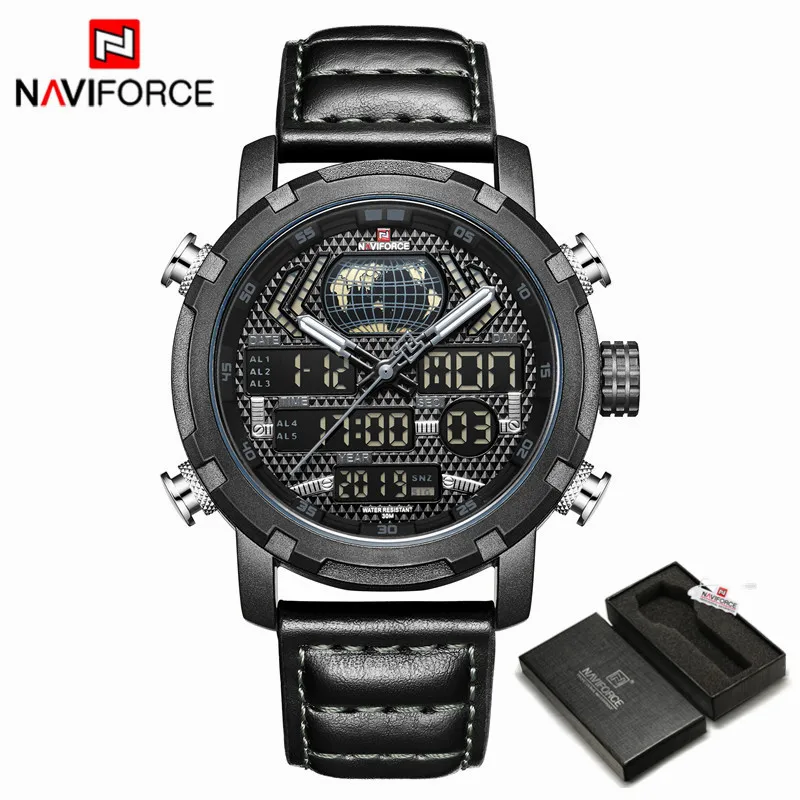 Black Gray -Box NAVIFORCE Лидирующий бренд часы для мужчин модные светодиодный цифровой Кварцевые спортивные часы для мужчин кожа водонепроница - Цвет: Black Gray -Box