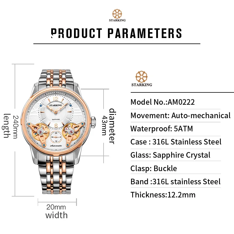 STARKING высококачественные мужские часы из нержавеющей стали цвета розового золота