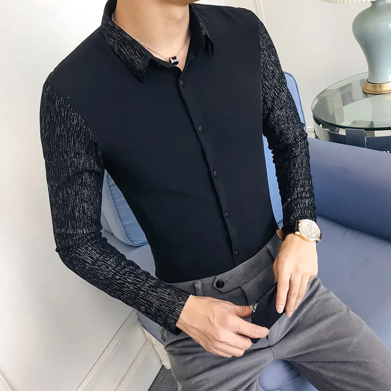 Мужские лоскутные черная рубашка 2021 мода Slim Fit сексуальное платье для мужчин
