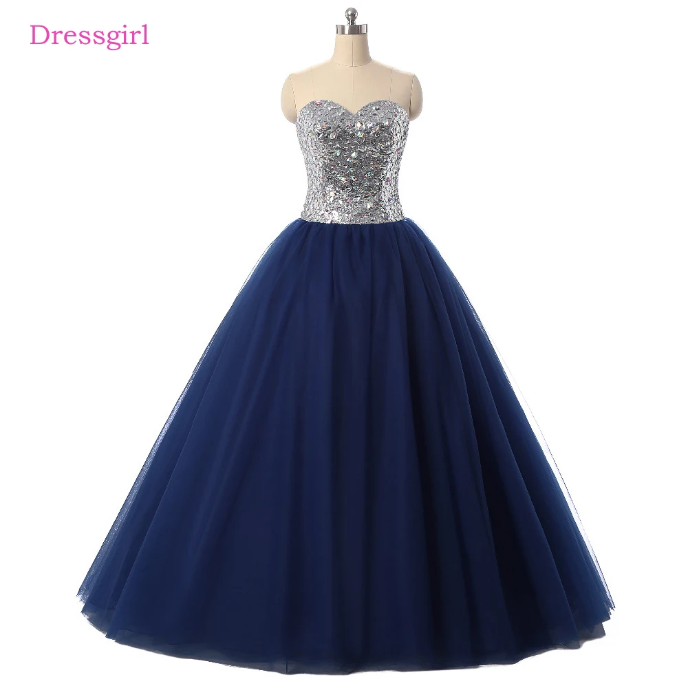Темно-синие Дешевые Бальные платья Quinceanera, бальное платье, милое Тюлевое платье до пола с блестками и кристаллами, 16 платьев