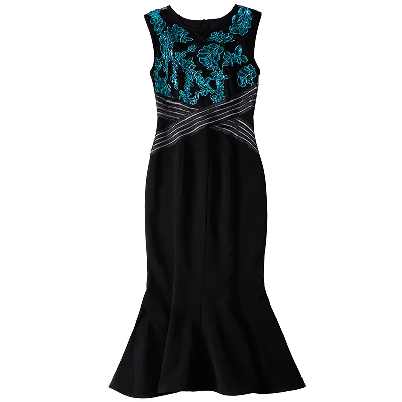 

High Quality New 2020 Summer Autumn Party Midi Dresses Women Sequined Beading Patchwork Sleeveless Bodycon Sheath Dress Mermaid