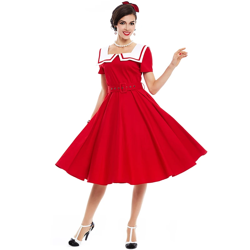 Queenus винтажное платье 1950 S стиль лето красное Pin Up с коротким рукавом морской