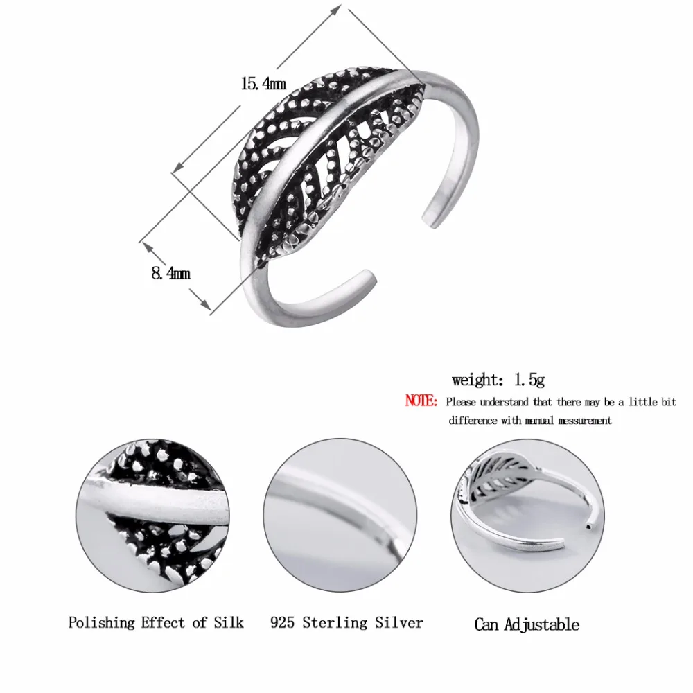 Kinitial Откройте Дерево листьев Кольца стерлингового серебра 925 Симпатичные Перо