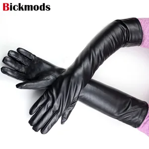 Женские длинные перчатки из овечьей кожи, тонкие теплые зимние перчатки из искусственного шелка с подкладкой и толстой бархатной подкладкой, 50 см