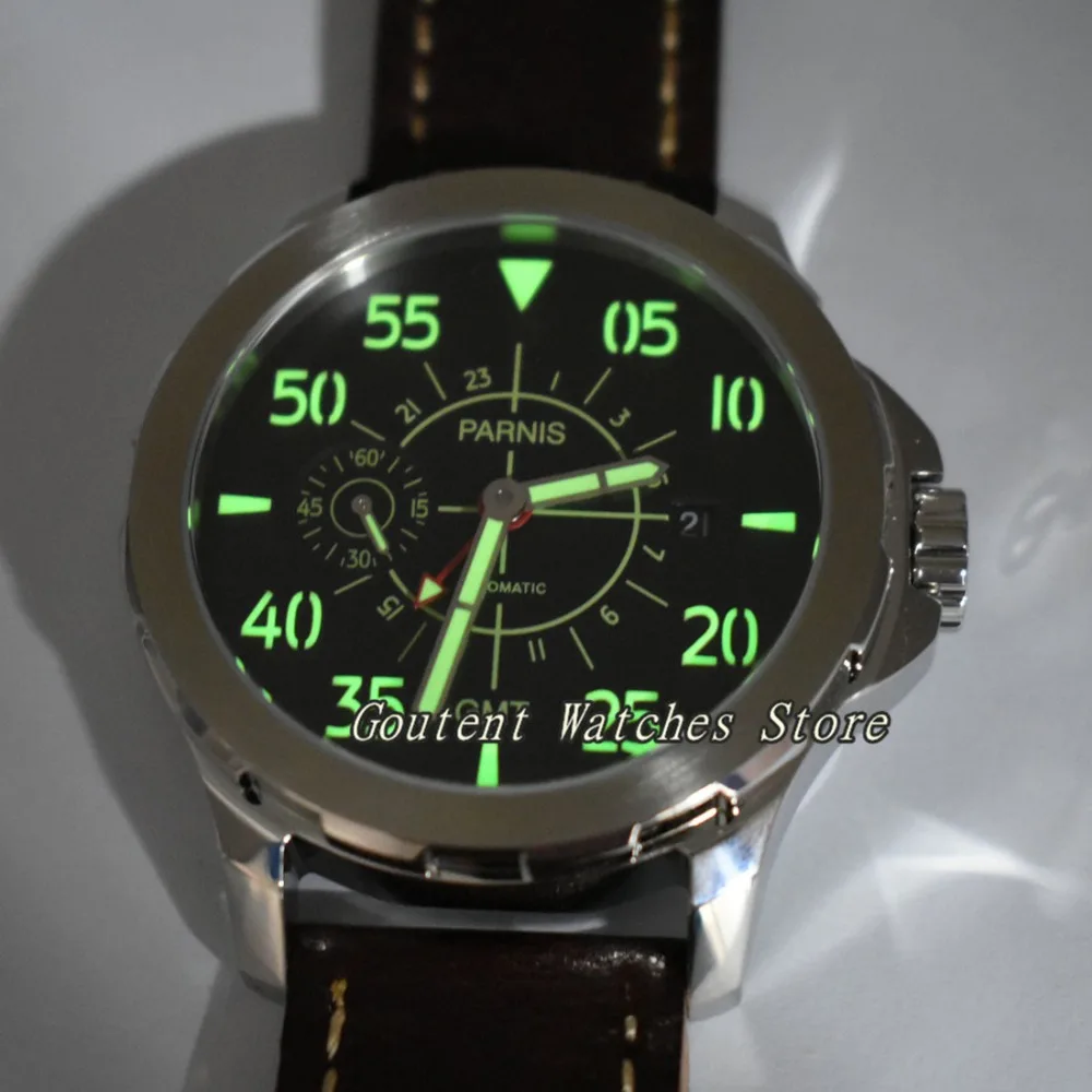 Мужские часы Parnis SS светящиеся кожаные водонепроницаемые механические
