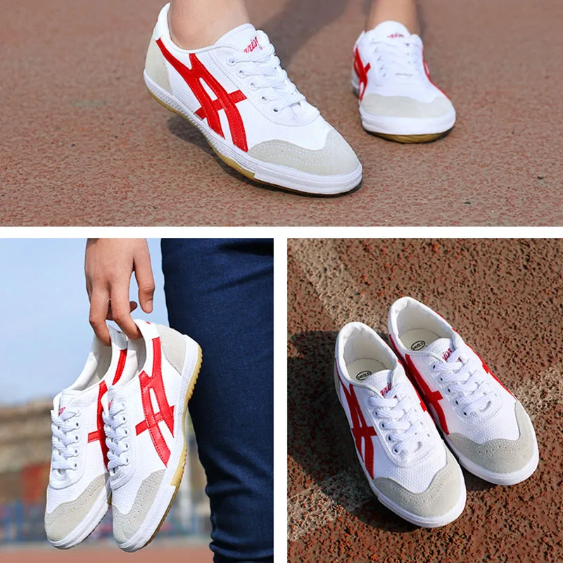 USHINE EU35-44 Red Blue Canvas Classic Retro Table Tennis Shoes Fitness KungFu TaiChi Running Adult Sneakers Shoes
