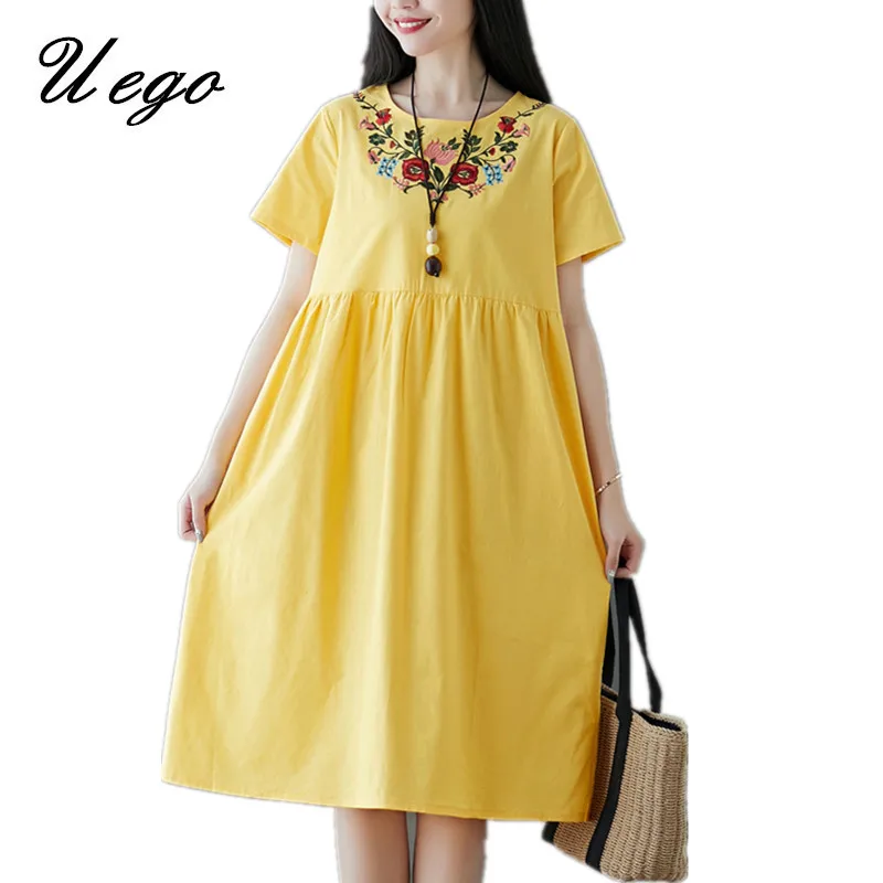 yellow Uego Мягкое хлопковое льняное с короткими рукавами свободное летнее платье модное платье с вышивкой в китайском стиле плюс размер женское Повседневное платье миди - Цвет: yellow